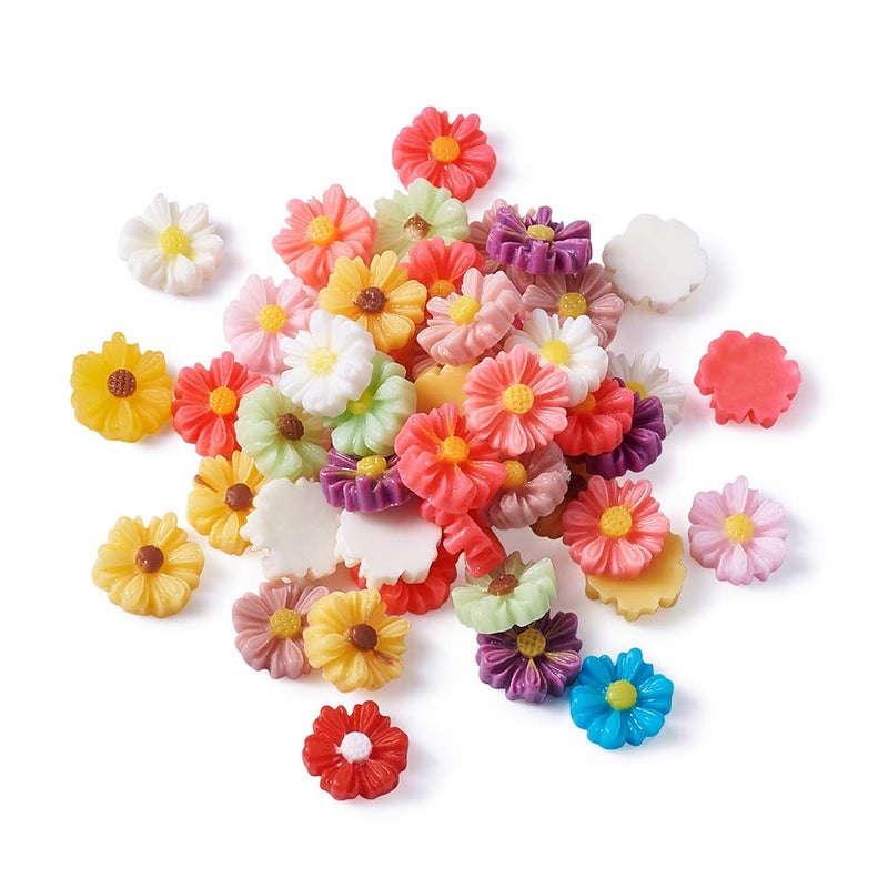 BB Beadthoven Beadthoven 50pcs 9mm 2/5 Inch Mini Resin Flower Cabochons Mixed Colors No Hole Daisy Flat Back Charms Mini Flowers Cameo Charms Jewelry Embellishment Supplies for Gluing DIY Jewelry Earrings Rings - Image 1